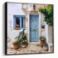Black and white framed canvas of a vintage Greek door design, ideal for bedroom wall art.