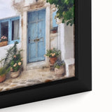 Framed canvas featuring a close-up of a Greek door design in black with colorful, textured art accents.