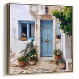 Framed canvas depicting a vintage poster of a Greek door design in silver and gold, ideal for bedroom wall art.