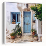 Vintage poster art of a Greek architecture door on white framed canvas, suitable for living room decor.