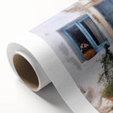 Art deco poster of a Greek architecture door in muted beige and white, rolled canvas, ideal for nursery wall art.