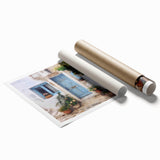 Extra large rolled print of a Greek-style door surrounded by floral motifs in muted colors.