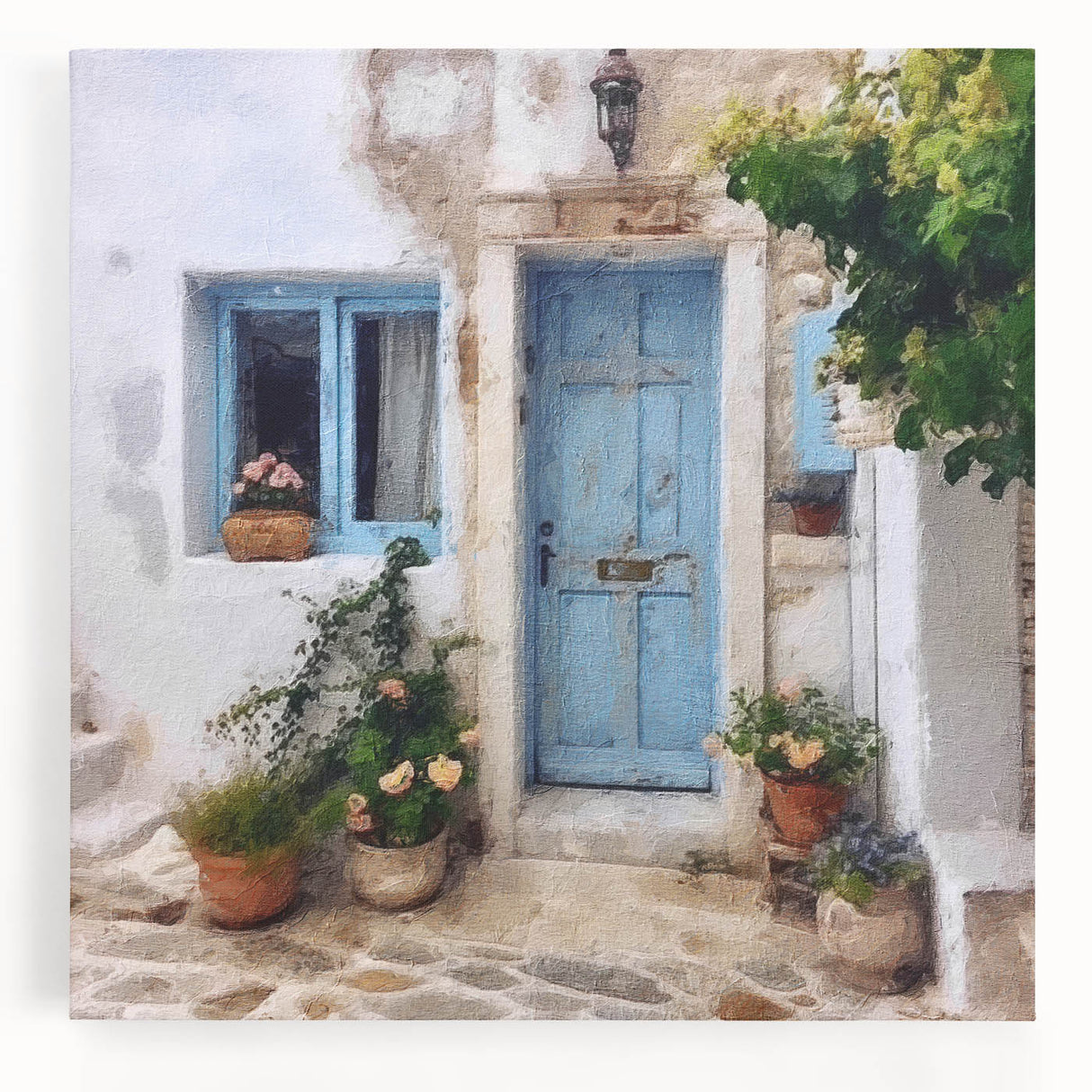 Black and white photo of a Greek architecture door on stretched canvas, suitable as large kitchen wall art.