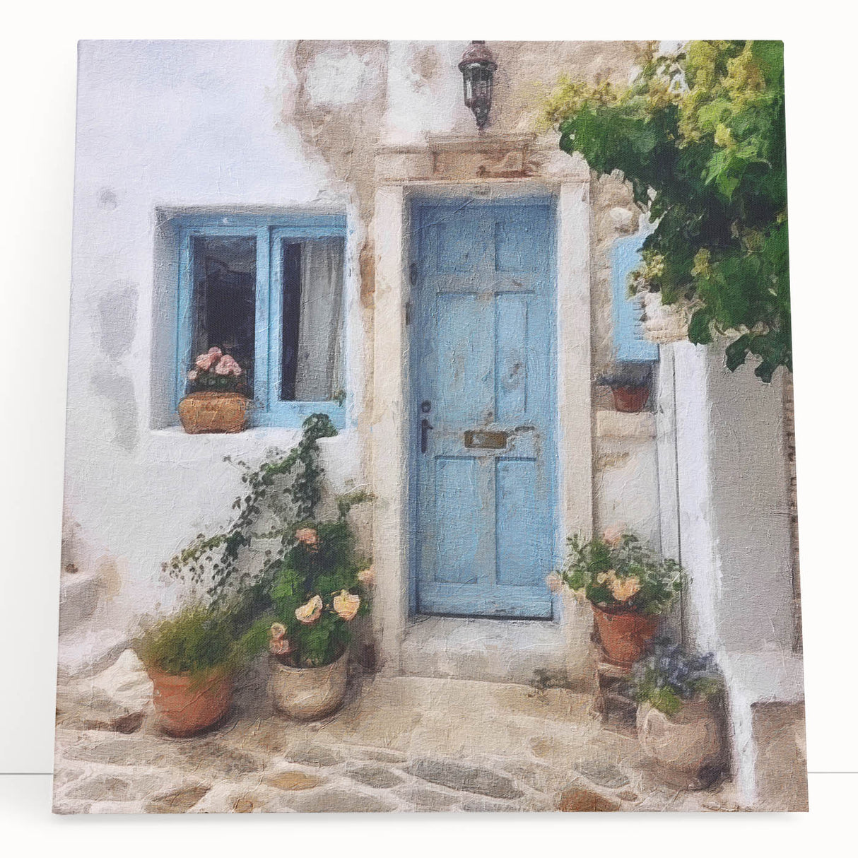 Black and white photo of a Greek architecture door on stretched canvas, ideal for kitchen wall art or bedroom.