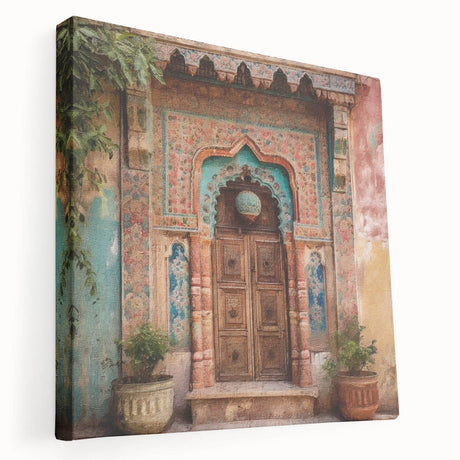 Side view of a large canvas featuring a detailed Indian door design in rich earth tones, suitable for kitchen wall art.