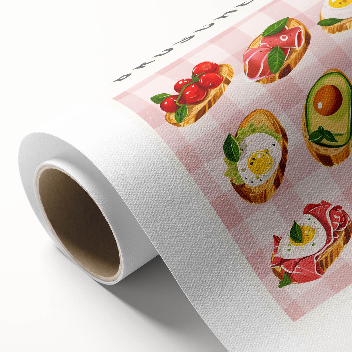Art deco poster of colorful dishes on a rolled canvas, suitable for nursery wall art or dining room decor.
