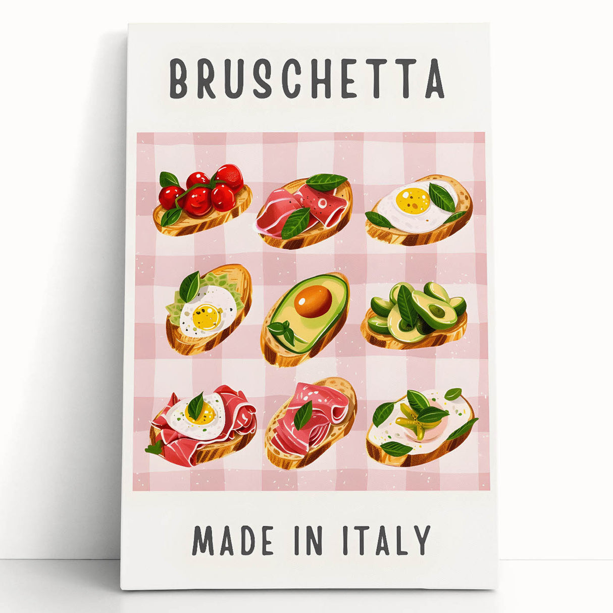 Large black and white stretched canvas of assorted dishes, ideal for kitchen wall art.