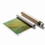 Rolled botanical wall art print showcasing vibrant flowers and lush green leaves, elegantly designed for home decor, presented in a protective tube.