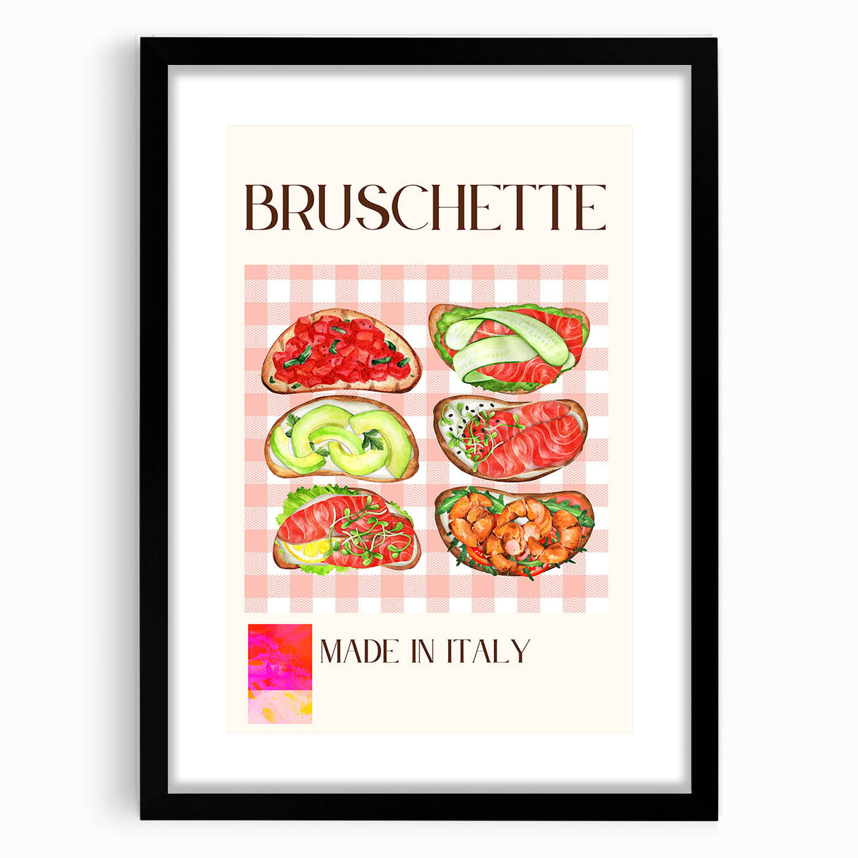 Extra large abstract art print featuring colorful, textured food dishes on a black framed canvas.