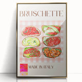Large art print of various stylized food dishes in gold tones on acrylic, framed, in a mid-century modernist style.