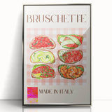 Mid-century modernist art featuring an array of stylized food dishes in muted colors, framed in silver acrylic.