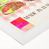 Art deco poster featuring an array of colorful food dishes on rolled canvas, suitable for dining room wall art.