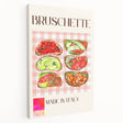 Assorted food dishes depicted in bright colors on a stretched canvas, suitable for kitchen wall art.