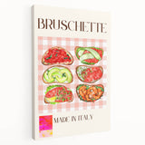 Assorted food dishes depicted in bright colors on a stretched canvas, suitable for kitchen wall art.