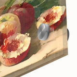 Large abstract wall art featuring assorted fruits in vibrant colors on acrylic glass, suitable for dining room decor.