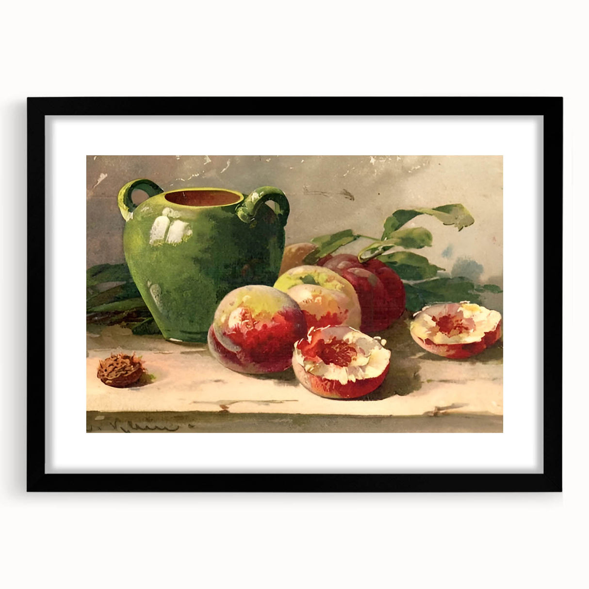 Extra large textured abstract art print of colorful fruits, in a black frame with mat, ideal for living room decor.