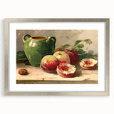Textured art featuring abstract fruit designs in vibrant colors on a silver-framed poster, suitable for bedroom decor.