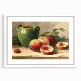 Abstract art print featuring assorted fruits in vibrant colors on a white framed mat, suitable for dining room decor.