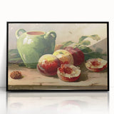 Large abstract wall art featuring an assortment of fruits in bold colors, framed in black acrylic.