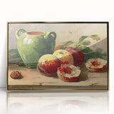 Large art print of assorted fruits in vibrant colors on a gold-framed acrylic, in mid-century modernist style.