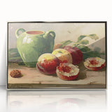 Mid-century modernist art featuring assorted fruits in vibrant colors on a framed acrylic, ideal for nursery wall decor.