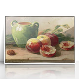 Art deco poster featuring an assortment of fruits in vibrant colors on a white acrylic framed print.