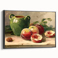 Black and white wall art featuring a vintage poster-style fruit landscape on a framed canvas, suitable for bedroom decor.