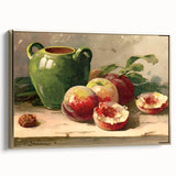 Framed canvas featuring a vintage poster of assorted fruits in muted colors, suitable for bedroom wall decor.