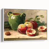 Vintage poster art of colorful fruits on white framed canvas, ideal for living room decor.