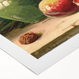 Art deco poster featuring an array of colorful fruits on rolled canvas, suitable for dining room wall art.