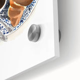 Close-up of large abstract pastries wall art on acrylic glass, in mid-century modernist style, ideal for dining room decor.