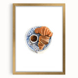 Extra large abstract art print of assorted pastries in muted earth tones, framed in gold, ideal for living room decor.