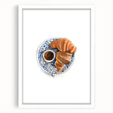 Abstract art print of assorted pastries in muted brown and beige tones on a white framed canvas.