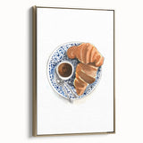 Framed canvas featuring vintage poster art of pastries in gold and black tones, ideal for bedroom wall decor.
