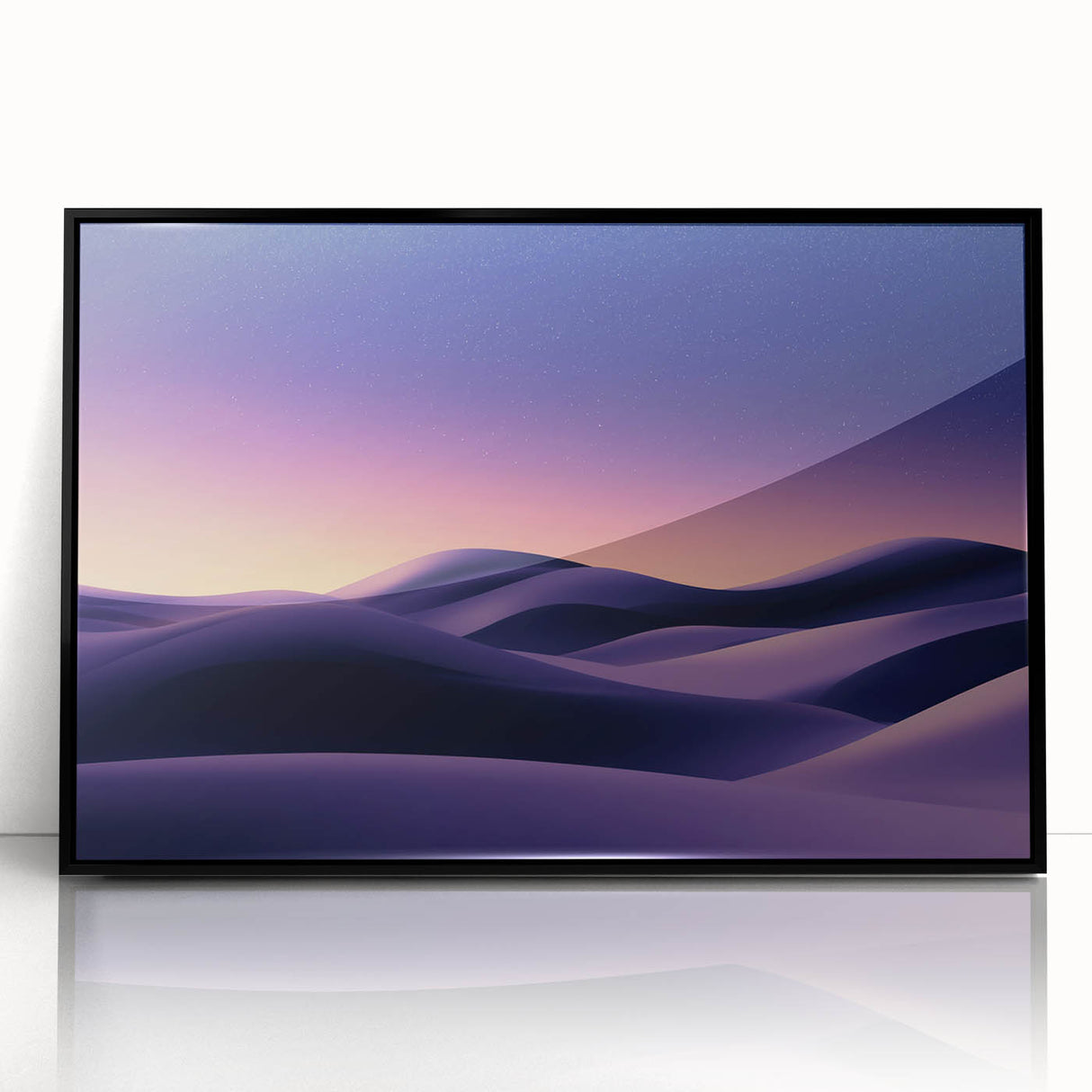 Framed acrylic artwork showcasing a serene desert landscape with golden dunes, perfect for modern home decor. The black frame adds a contemporary touch, enhancing the visual appeal. Ideal for art enthusiasts and interior design lovers.