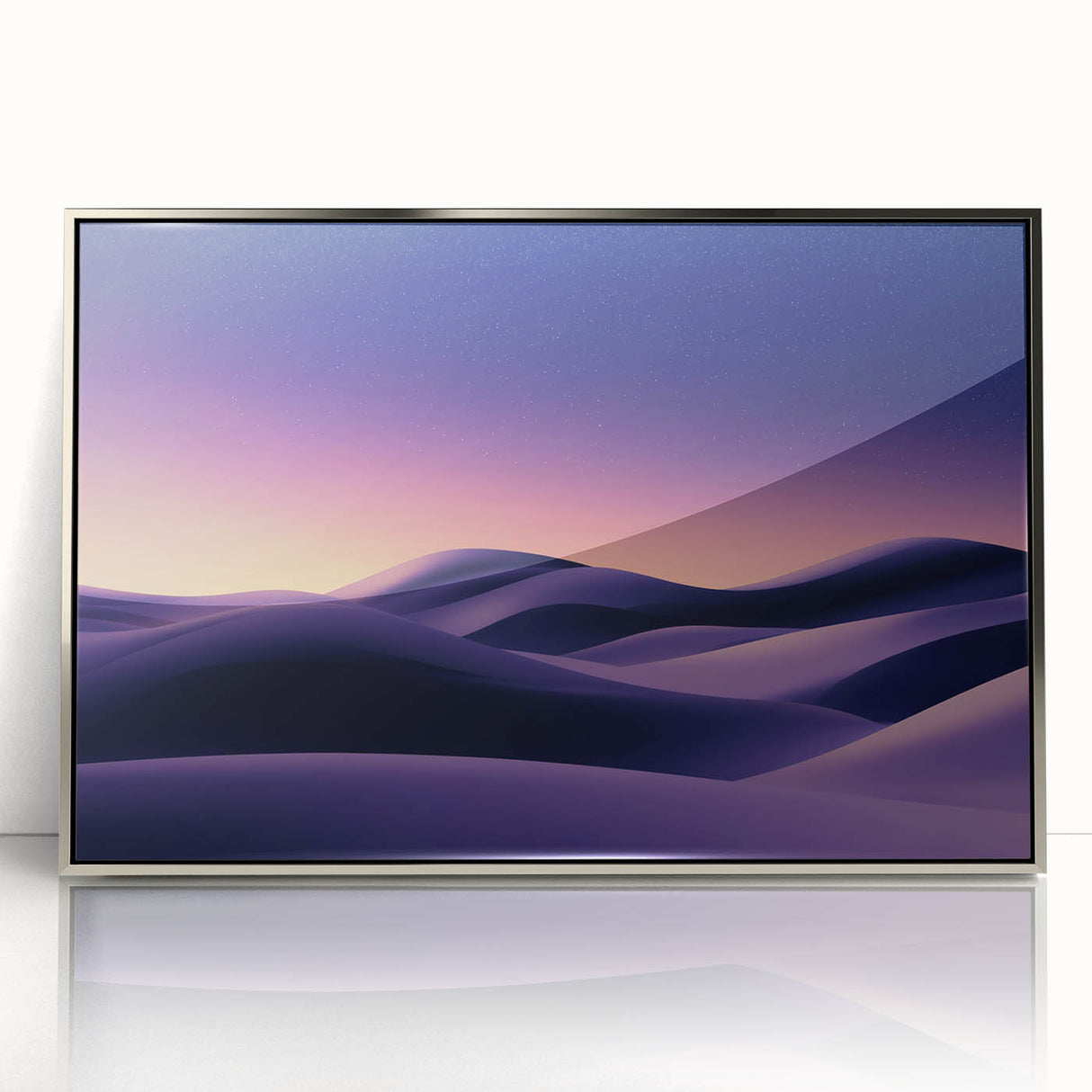 Framed acrylic artwork of serene sand dunes in soft beige and golden hues, showcasing a calming desert landscape, perfect for modern home decor.