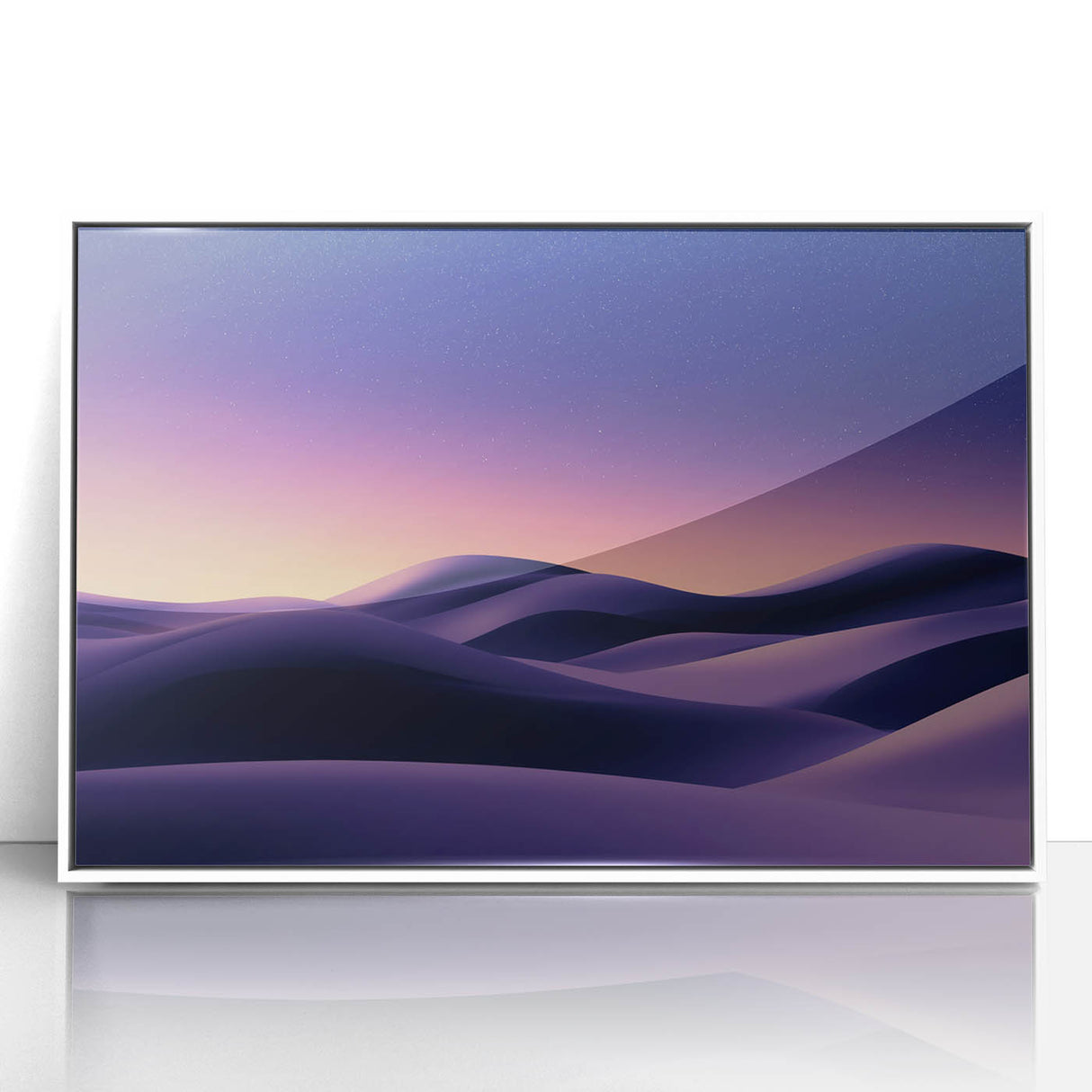 Framed acrylic art piece showcasing a serene landscape of sand dunes in soft beige and warm brown tones, elegantly presented in a modern white frame for stylish decor.
