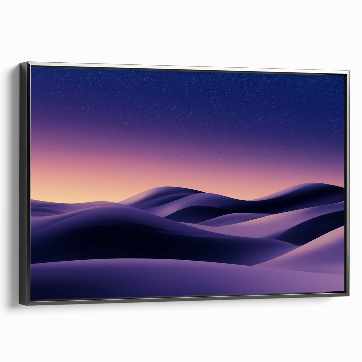 Framed canvas artwork depicting serene sand dunes with soft beige and golden hues, showcasing a modern design ideal for contemporary home decor. The black frame adds elegance, enhancing the overall aesthetic appeal of the landscape.
