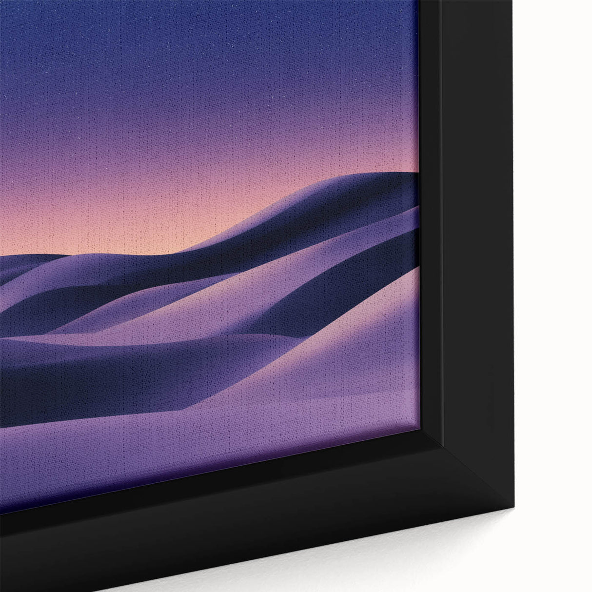 Close-up of a framed canvas showcasing a vibrant desert landscape with golden dunes and a serene blue sky, perfect for enhancing home decor and art collections.