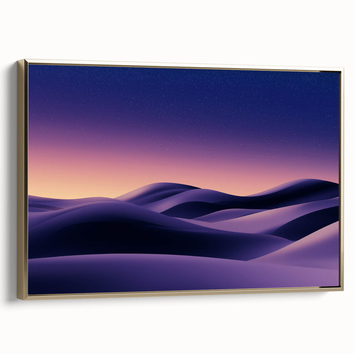 Framed canvas art depicting serene sand dunes in golden hues, showcasing a luxurious side view with an elegant gold frame. Perfect for enhancing modern decor.