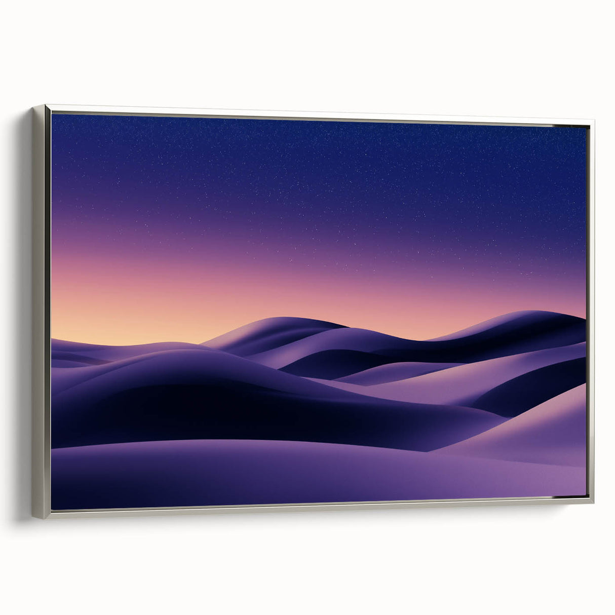 Framed canvas artwork titled "Dunes," showcasing a serene landscape of rolling sand dunes in soft beige and gold tones, accented with a sleek silver frame, ideal for modern home decor.