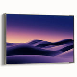 Framed canvas artwork titled "Dunes," showcasing a serene landscape of rolling sand dunes in soft beige and gold tones, accented with a sleek silver frame, ideal for modern home decor.