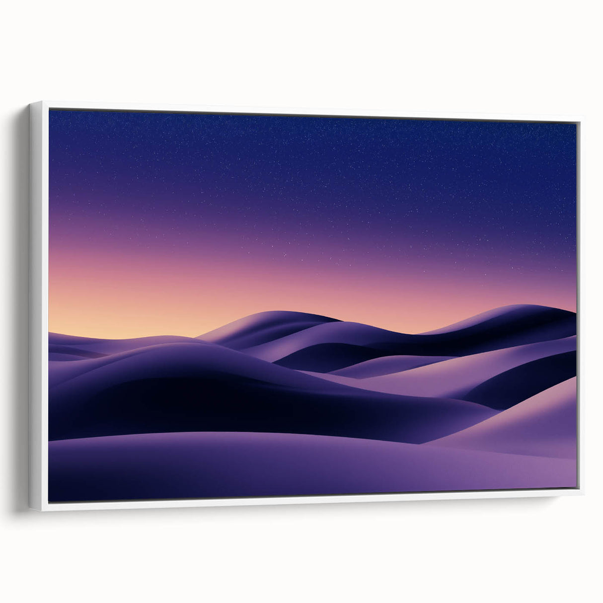 Framed canvas artwork depicting serene sand dunes under a soft blue sky, showcasing natural colors and textures, ideal for modern home decor.