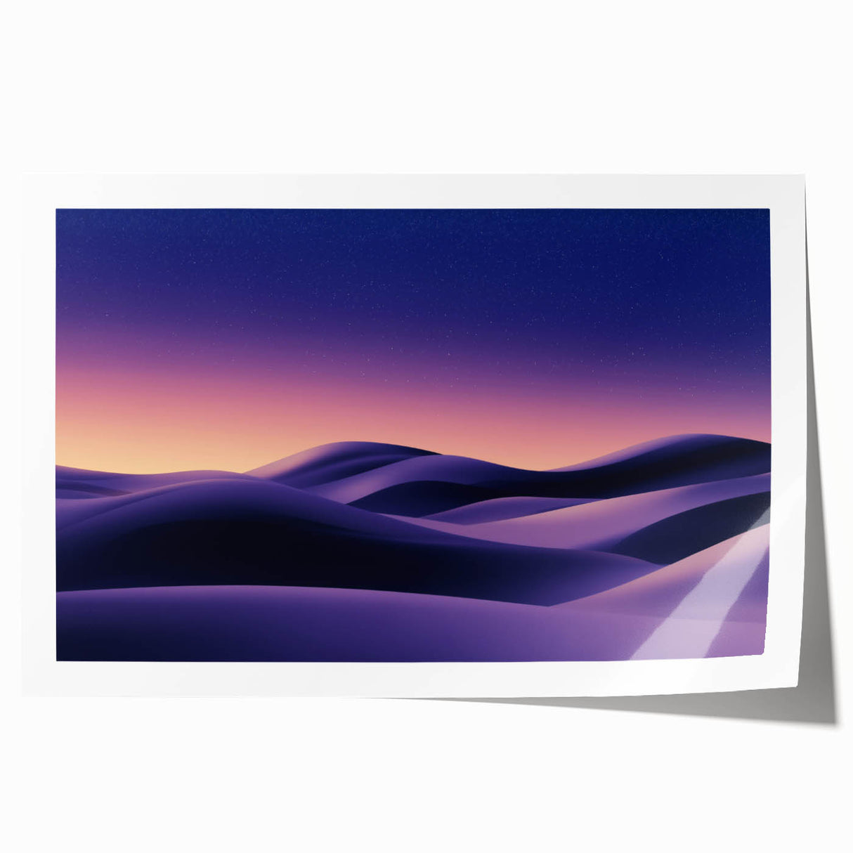 Rolled print showcasing a serene desert landscape with gentle dunes, featuring soft beige and golden hues, packaged securely in a protective tube for easy handling.