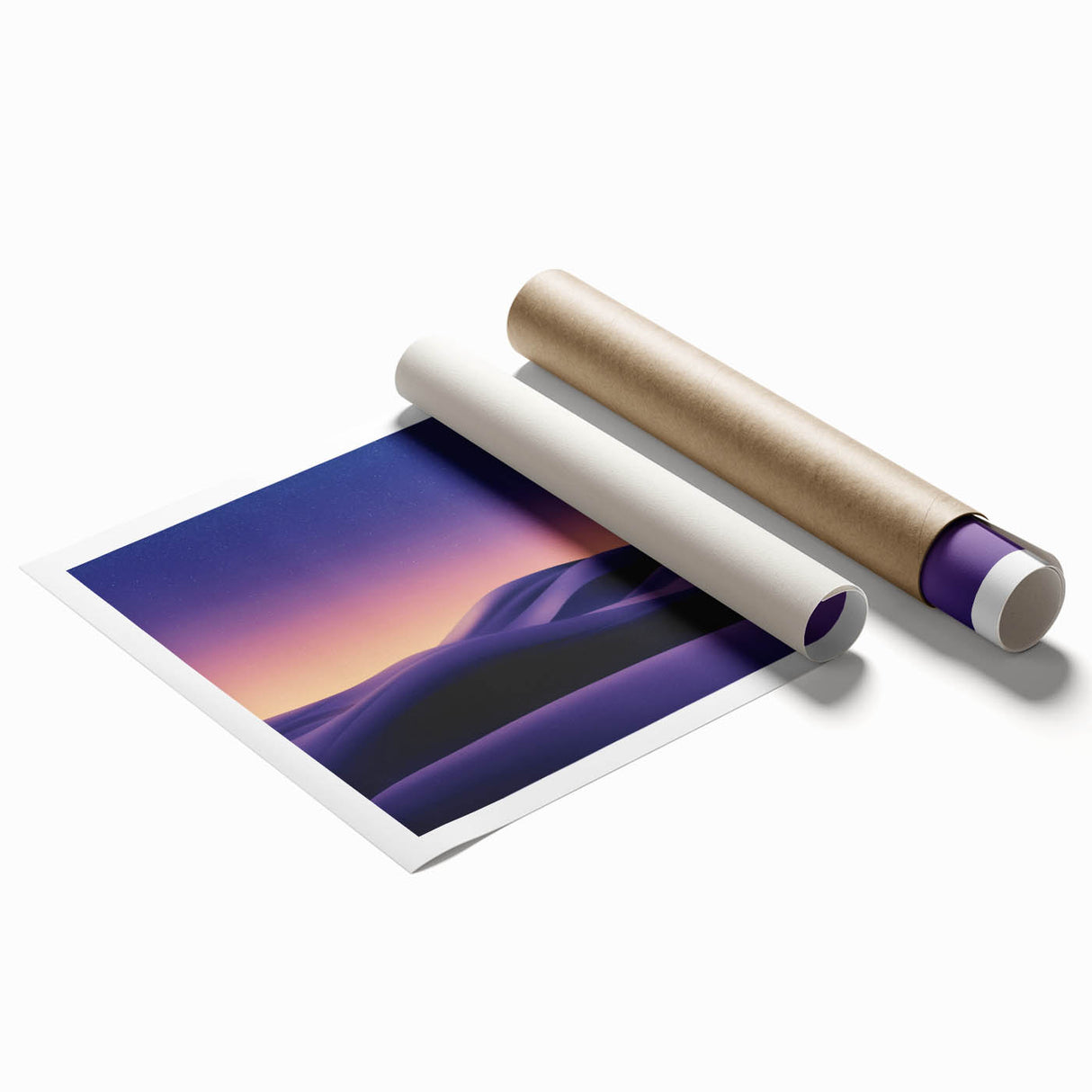 Desert landscape rolled print showcasing soft golden dunes under a blue sky, highlighting the tranquil beauty of nature, perfect for modern home decor.