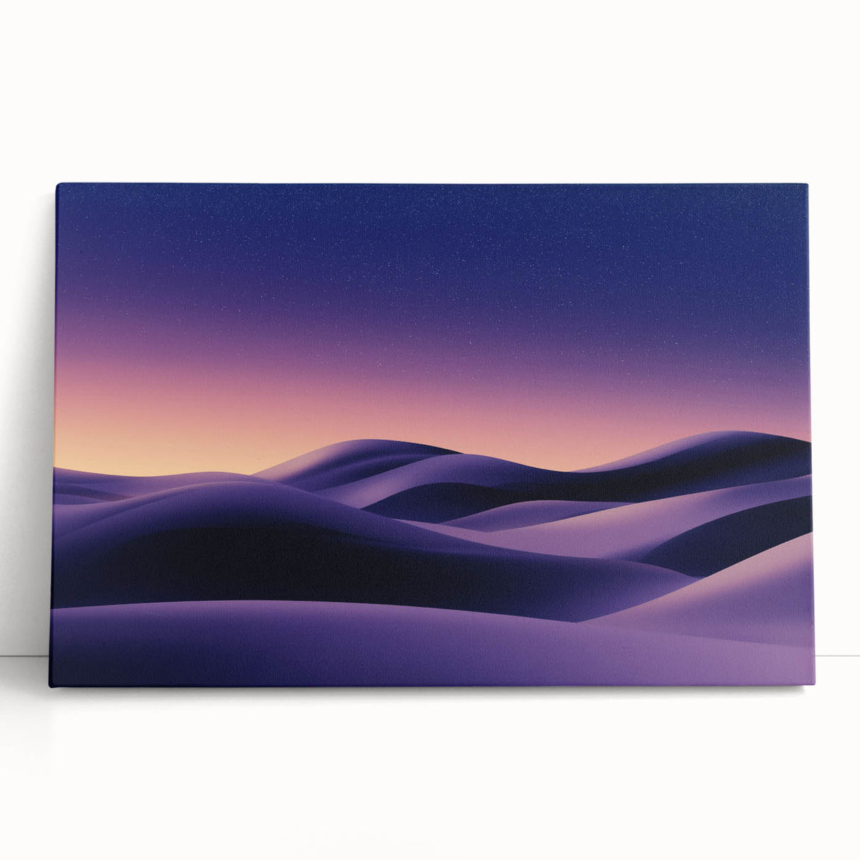 Stretched canvas artwork depicting serene desert dunes at sunset, showcasing warm golden and soft orange hues, ideal for modern home decor.