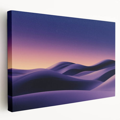 Stretched canvas artwork depicting a serene desert landscape with rolling dunes, showcasing warm beige and golden tones, perfect for modern home decor.