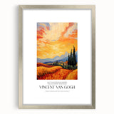 Textured abstract art print of Van Gogh-inspired swirls in vibrant blues and yellows, framed in silver.
