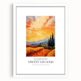 Abstract art print of swirling blue and yellow tones, framed with a white mat, suitable for bedroom or dining room decor.