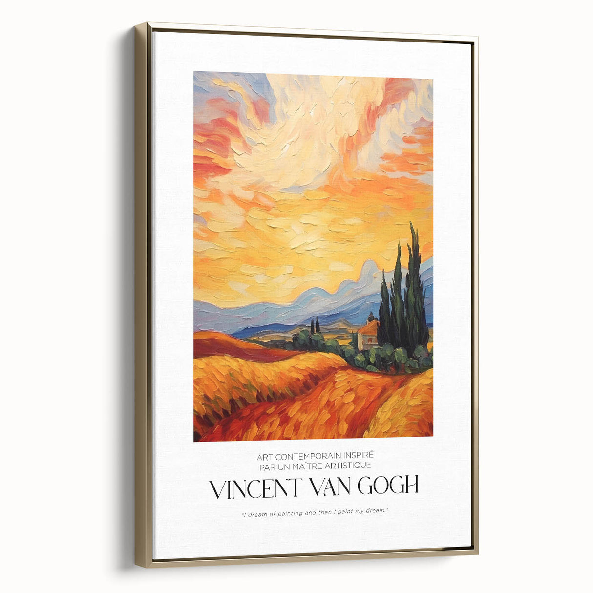 Impressionist landscape painting on framed canvas, featuring a golden field under a swirling sky.